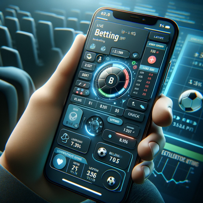모바일 기기에서 사용되는 직관적이고 현대적인 베팅 앱의 디자인. 앱은 세련된 컬러 스키마를 사용하며, 쉽게 탐색할 수 있는 메뉴와 버튼이 있다. 화면에는 실시간 베팅 옵션, 배당률, 스포츠 이벤트 목록이 보인다.